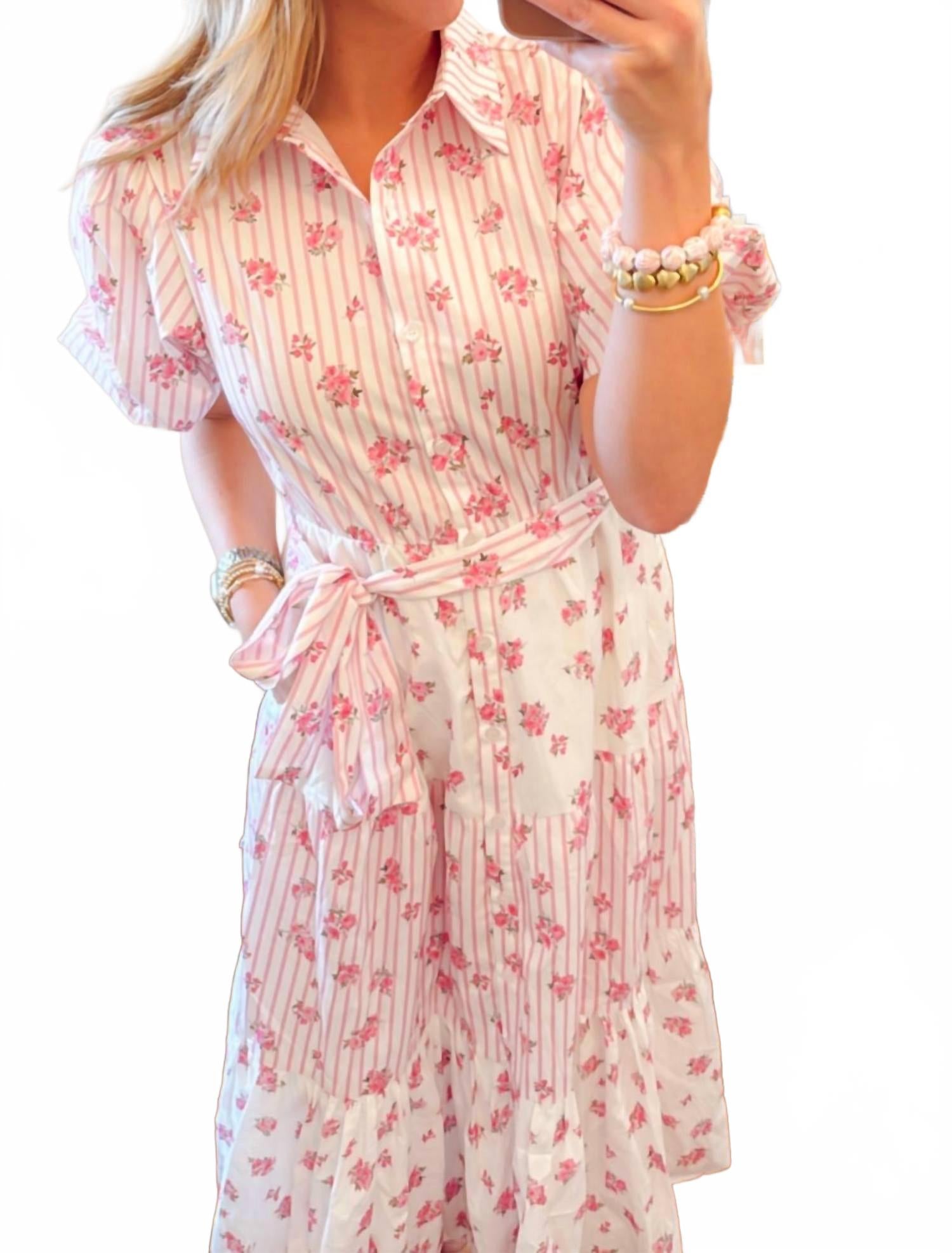 Bunches Of Flowers Block Print Midi Dress In Pink
