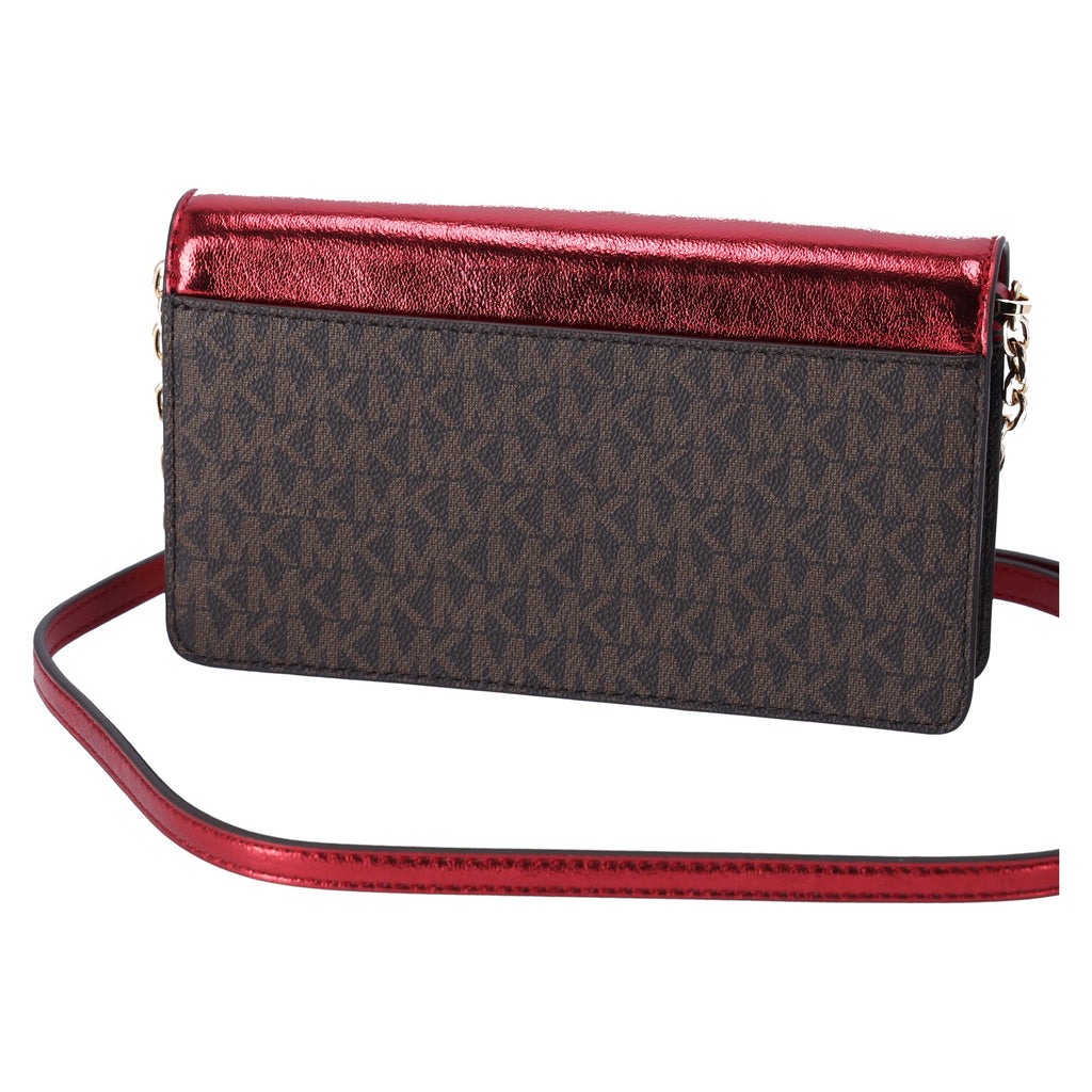 Michael Kors Jet Set Travel Small Signature Clutch Crossbody Brown Crimson Red
