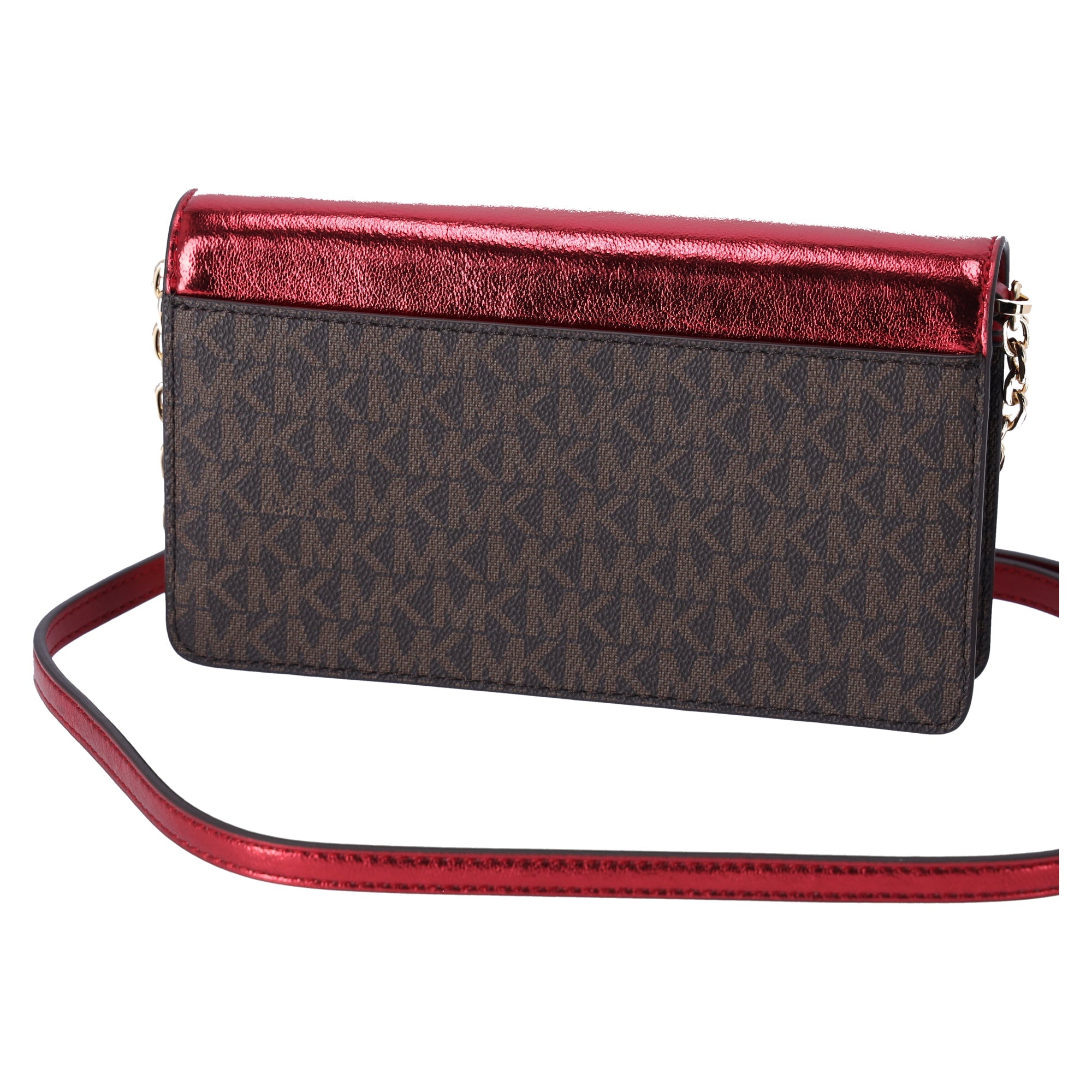 Michael Kors Jet Set Travel Small Signature Clutch Crossbody Brown Crimson Red