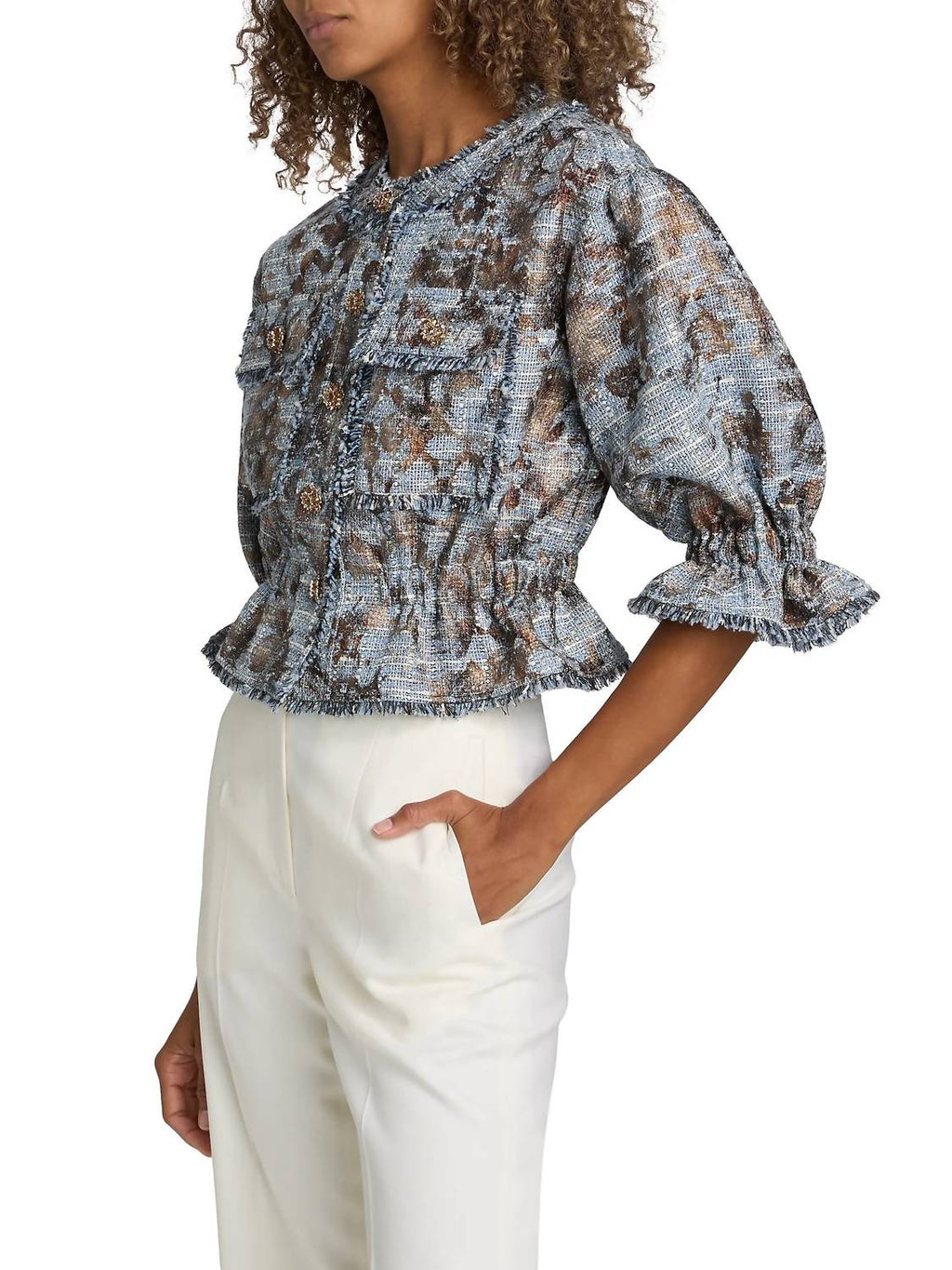 Jaxie Foil Print Tweed Crop Jacket In Silver Multi