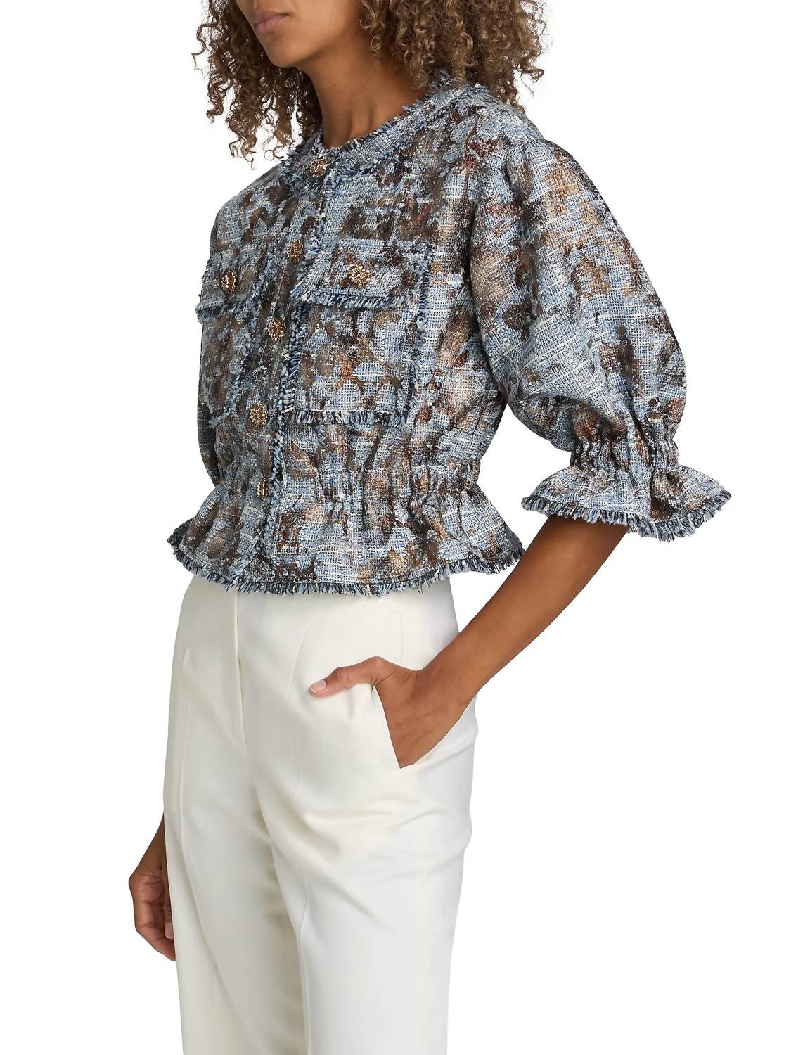 Jaxie Foil Print Tweed Crop Jacket In Silver Multi