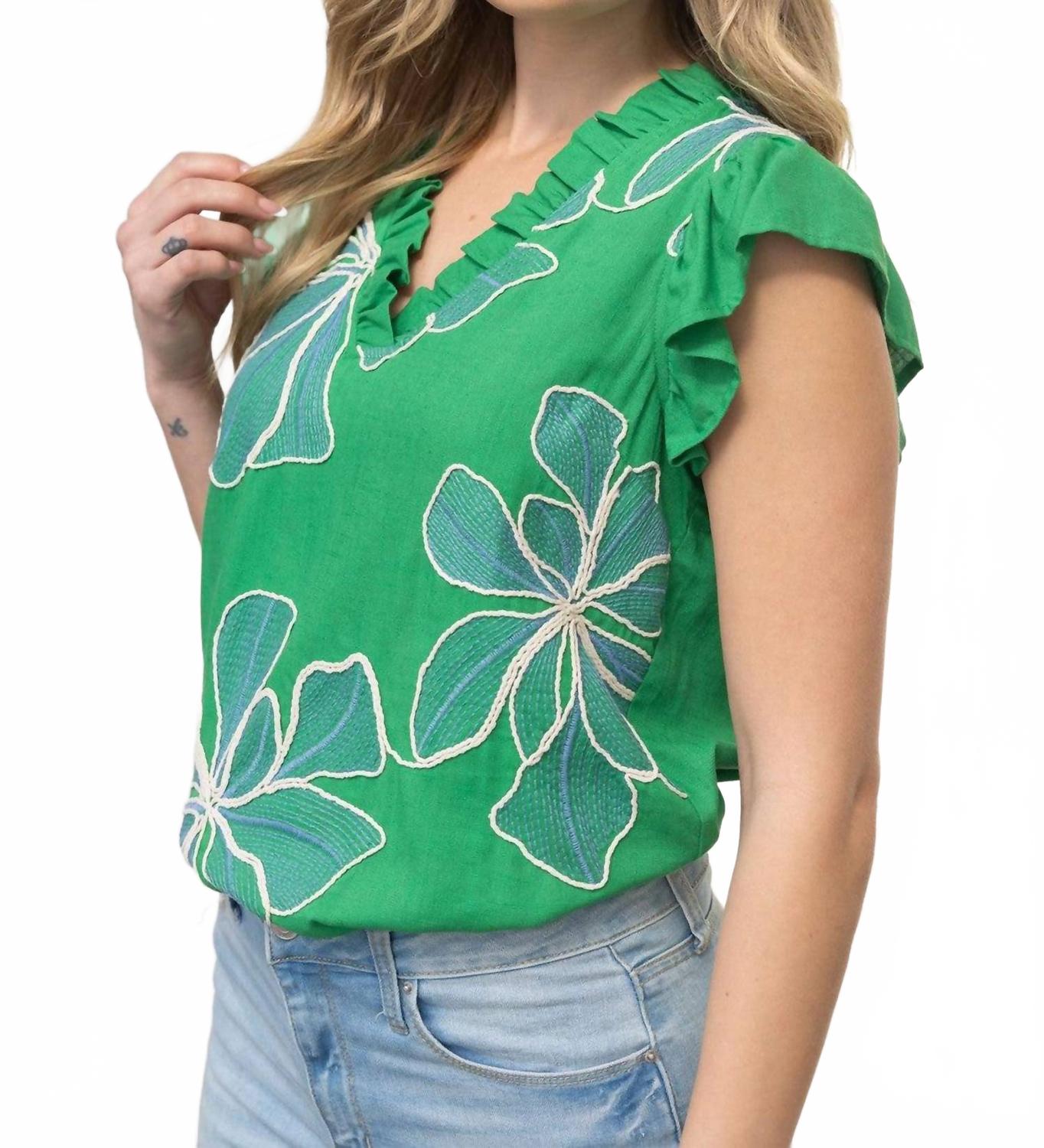 Applique Floral Ruffle Top In Green