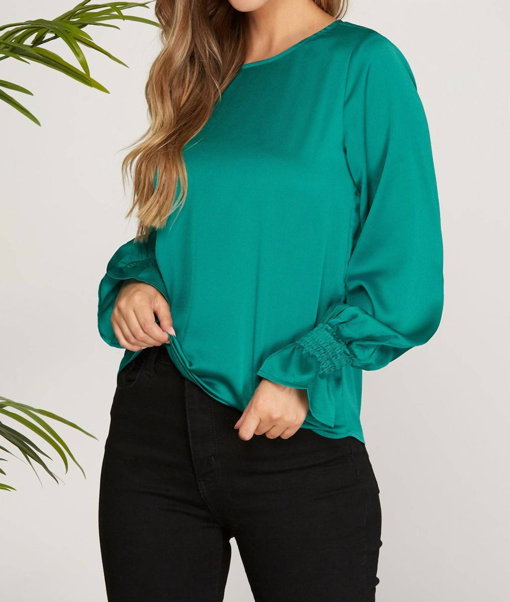 Smocked Long Bubble Sleeve Satin Top In Peacock