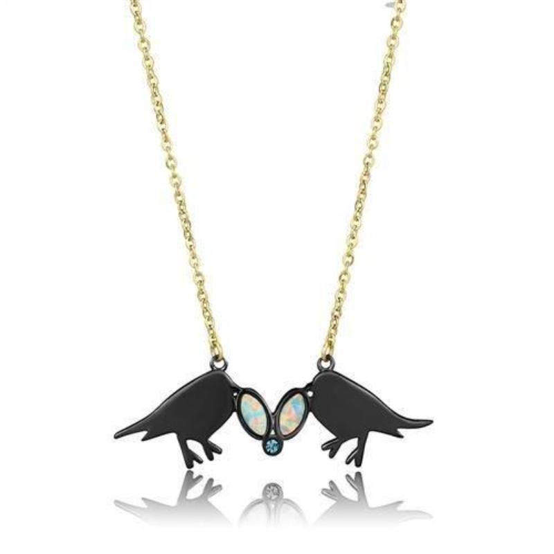 IP Gold+ IP Black (Ion Plating) Stainless Steel Necklace with Semi-Precious Opal in Aurora Borealis (Rainbow Effect)