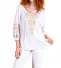 Textured Woven Embroidered Peasant Top In White