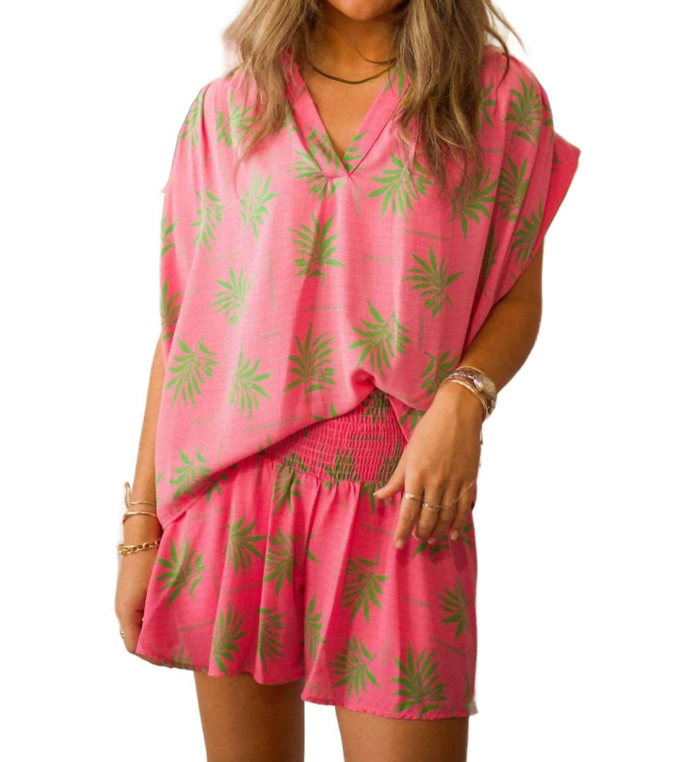 Placket Shirred Sleeve Band Top In Summer Palms