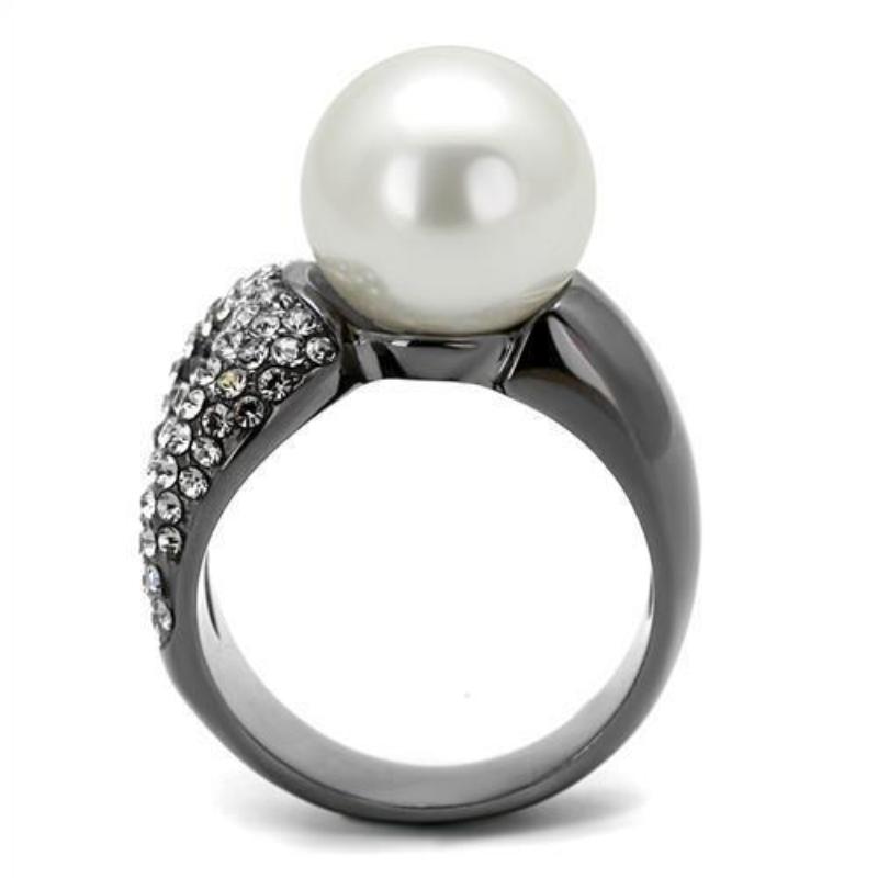 IP Light Black Stainless Steel Ring with Synthetic Pearl in White