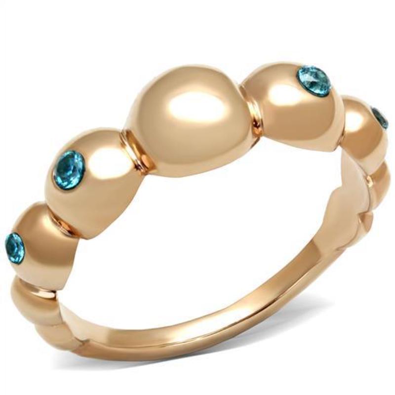 IP Rose Gold(Ion Plating) Stainless Steel Ring with AAA Grade CZ in Sea Blue