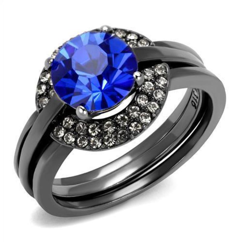 IP Light Black Stainless Steel Ring with Top Grade Crystal in Sapphire