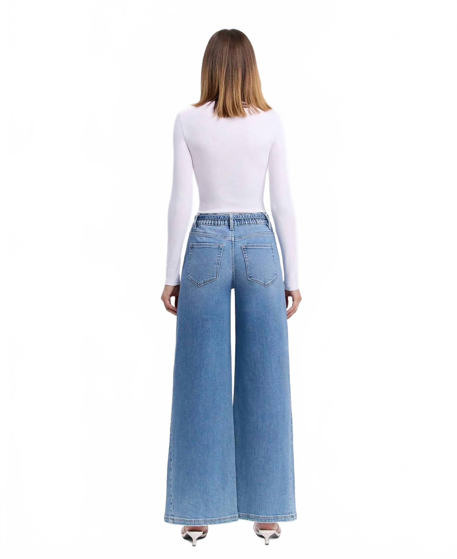 Carmen High Rise Elastic Tie Waistband Baggy Wide Jeans In Light Wash