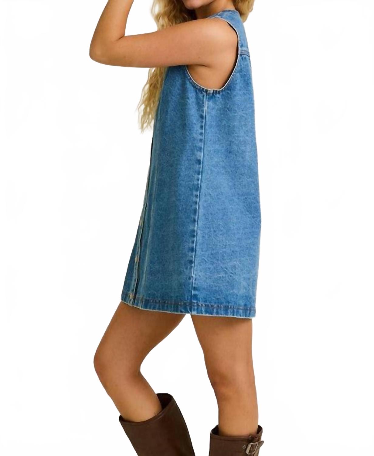 Sleeveless Round Neck Denim Mini Dress In Blue