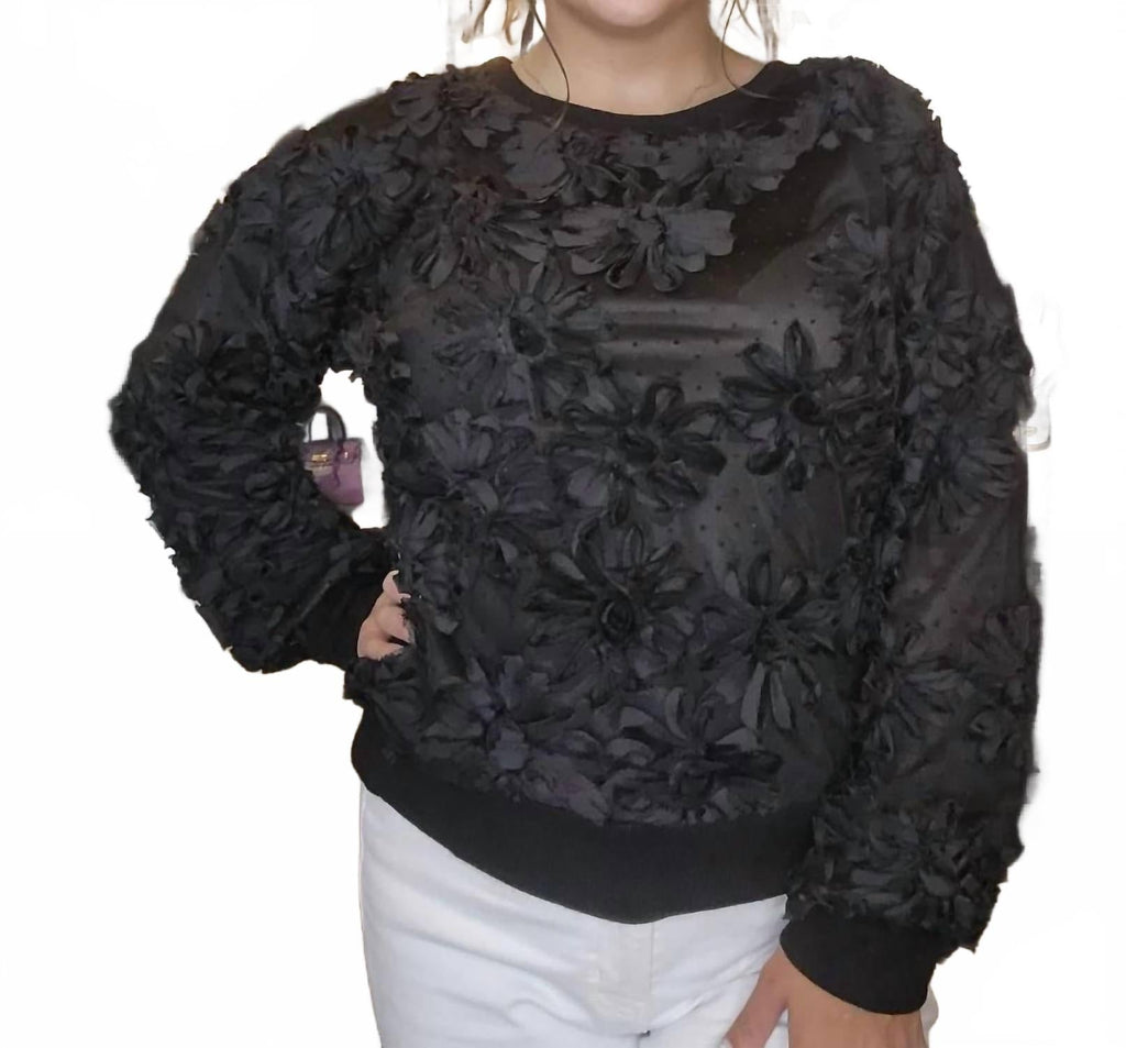 3D Floral Knit Sweater W/ Rib Trim In Black