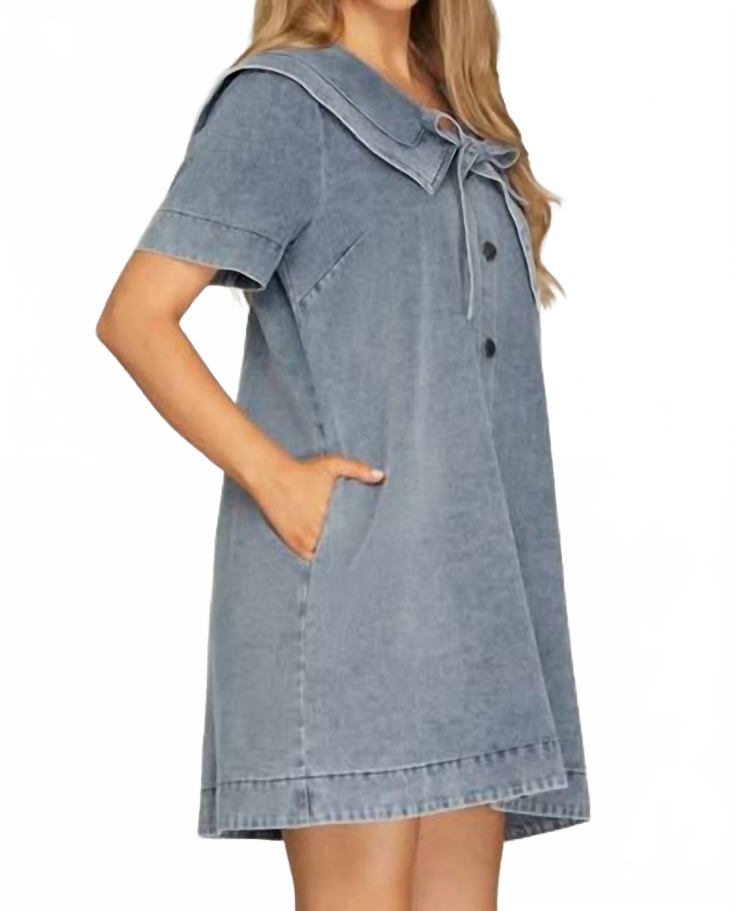 Front Bow Denim Mini Dress In Blue