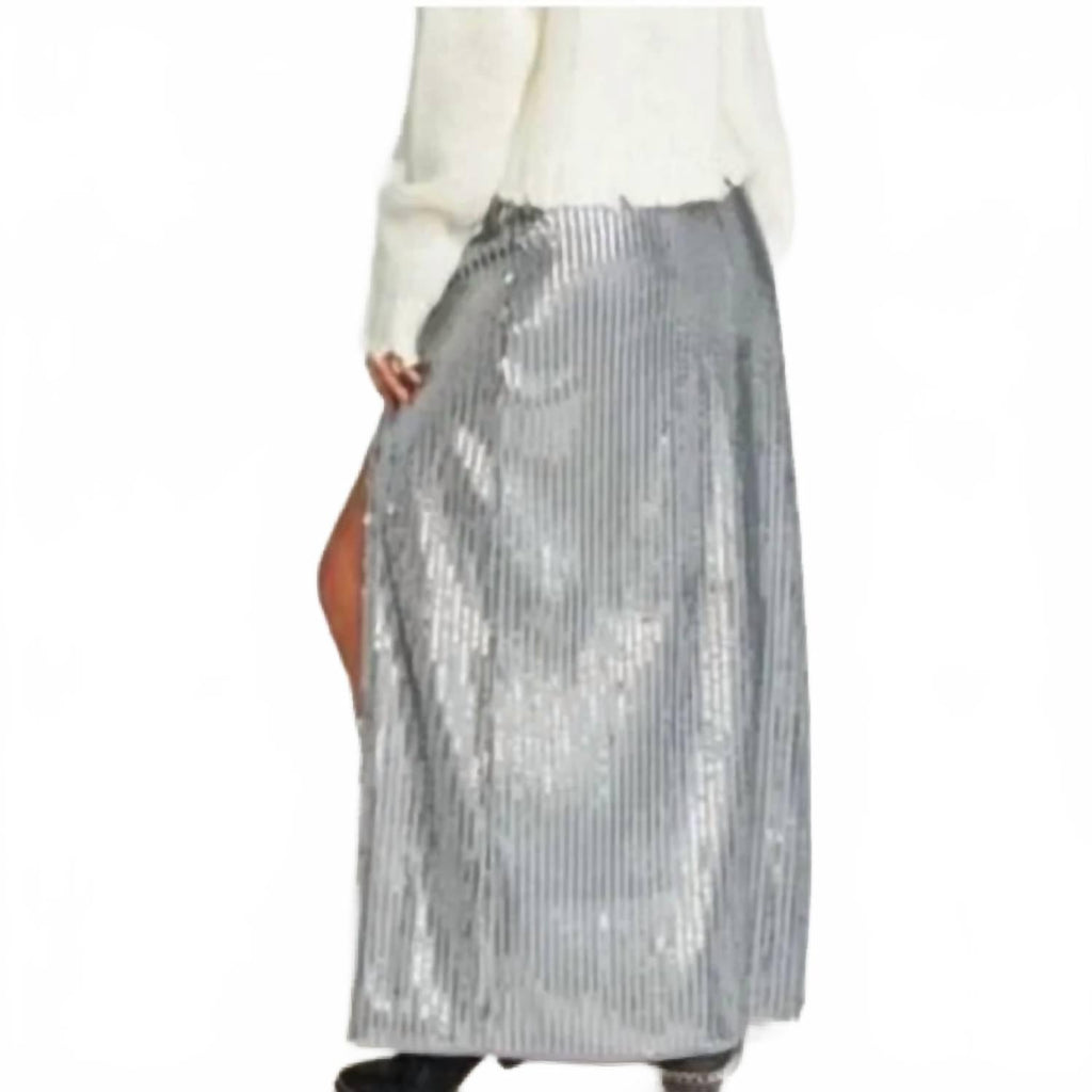 Mick Double Slit Sequin Skirt In Silver