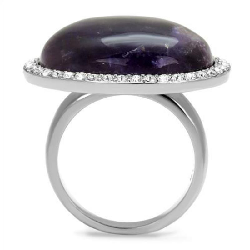 High polished (no plating) Stainless Steel Ring with Semi-Precious Amethyst Crystal in Amethyst