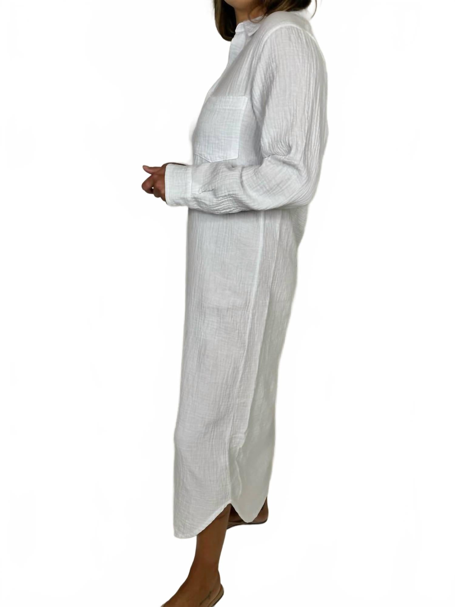 Button Front Maxi Shirt Dress In White