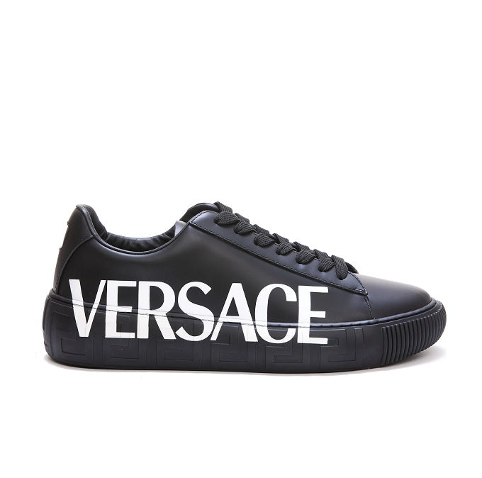 Versace Men's Black Leather Greca Logo Low-Top Sneakers