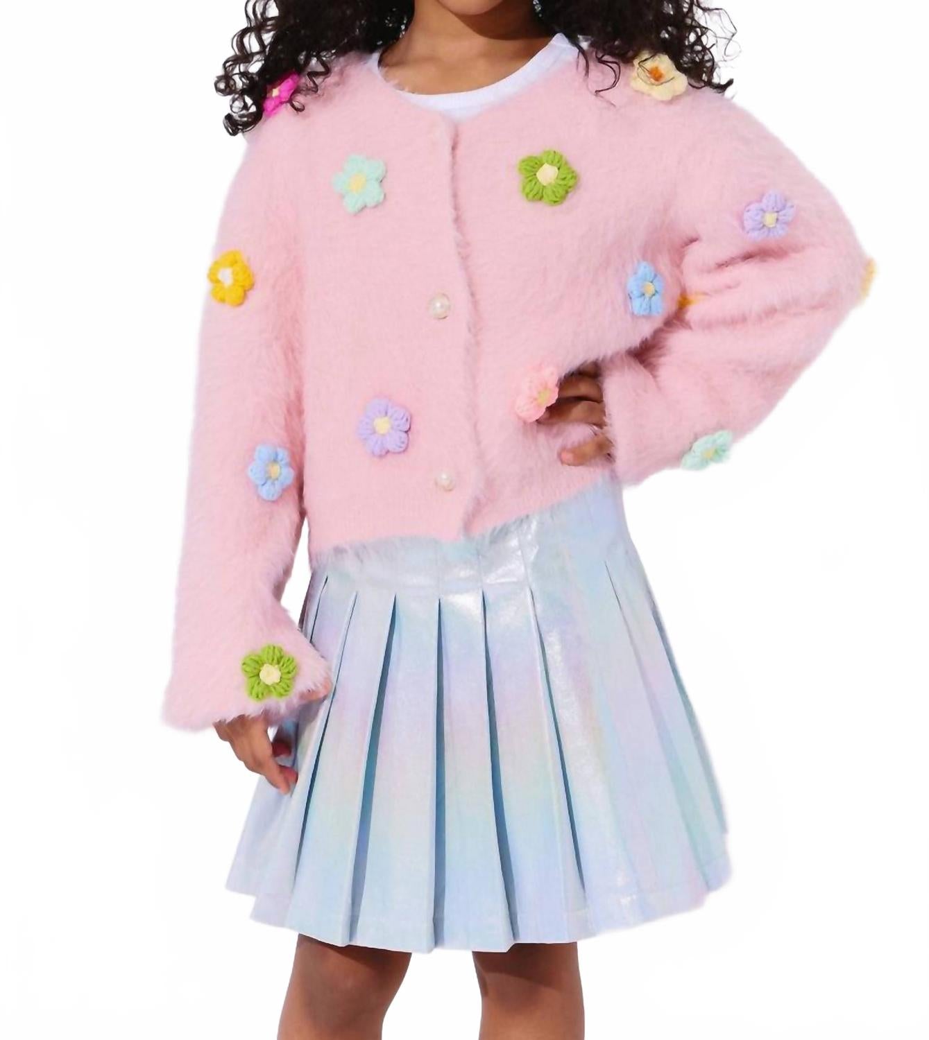 3D Rainbow Daisy Cardigan In Pink