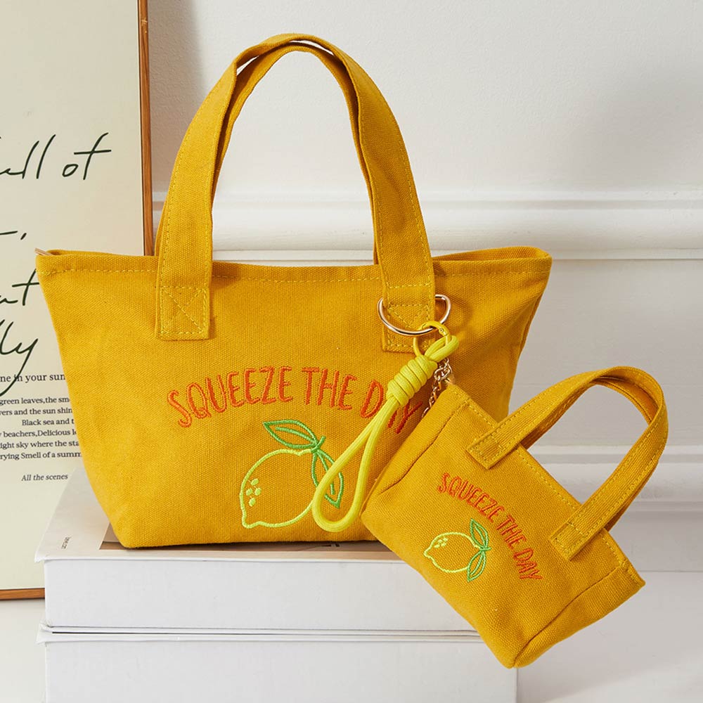 Squeeze Day Lemon Embroidered Mini Canvas Tote Bag Keychain Bag Charm