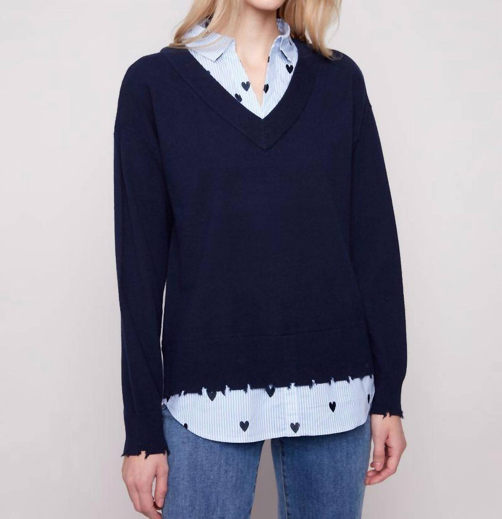 Margaret Layered Poplin Sweater In Navy