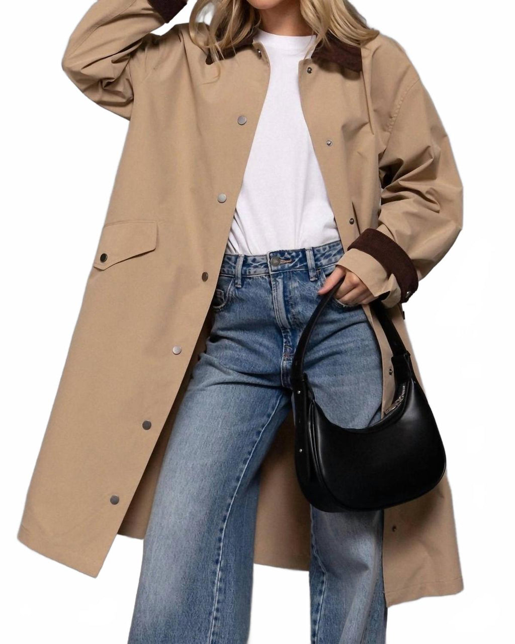 Long Sleeve Contrast Collar Button Down Trench Coat In Khaki