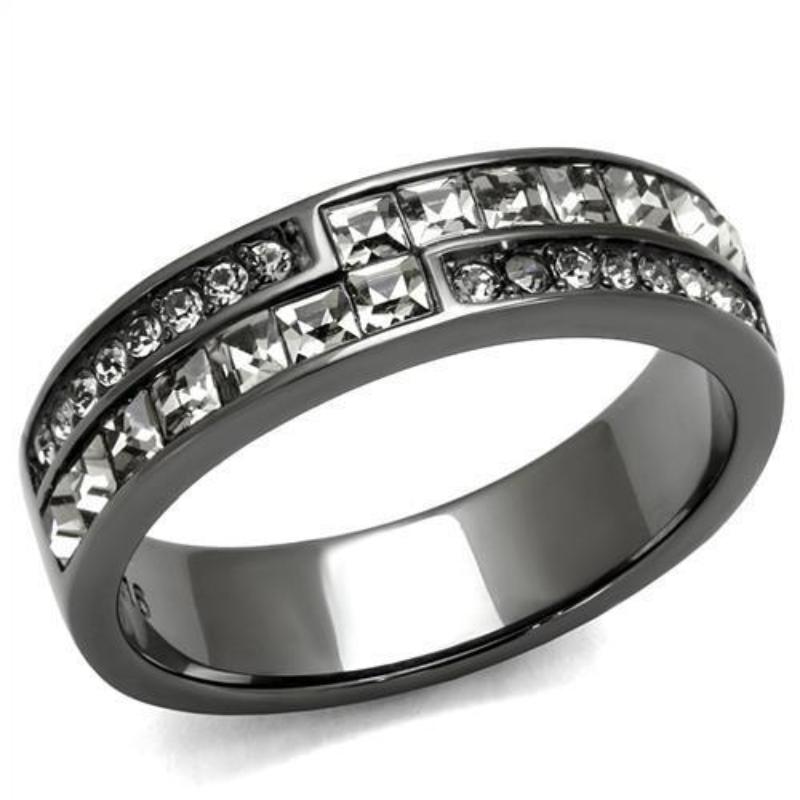 IP Light Black Stainless Steel Ring with Top Grade Crystal in Black Diamond