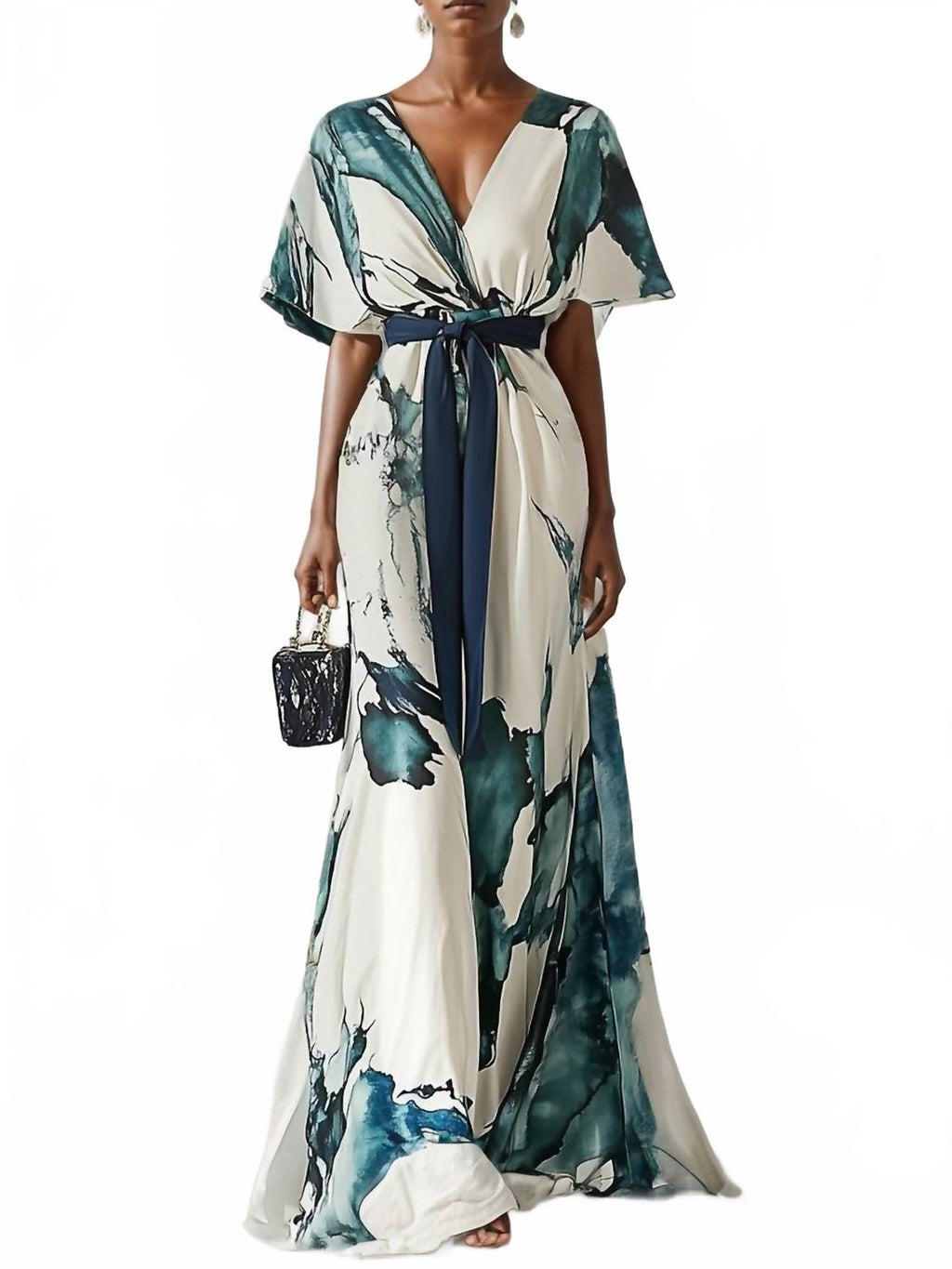Chiffon V-Neck Short Sleeve A-Line Maxi Dress In White Blue