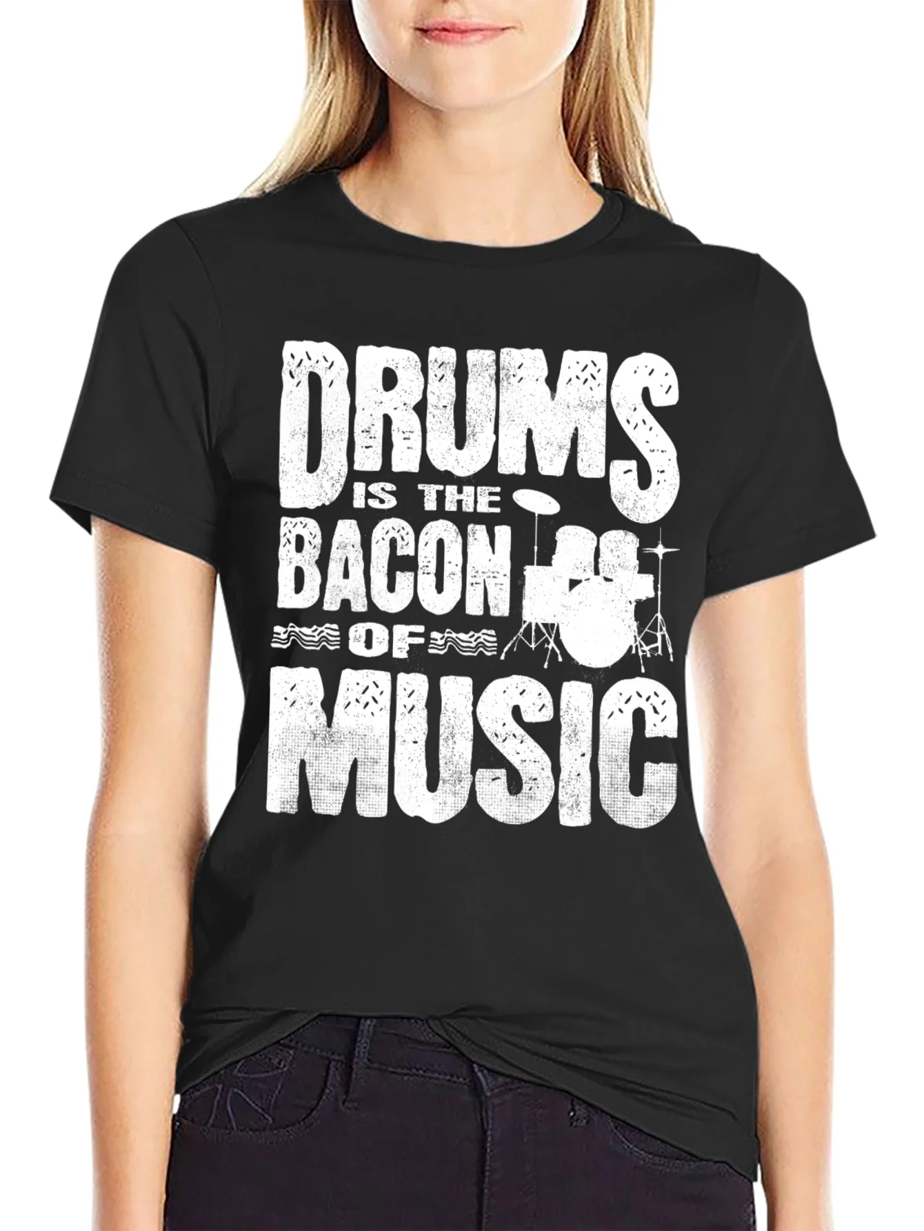 Drums Bacon of Music Black Graphic T-Shirt