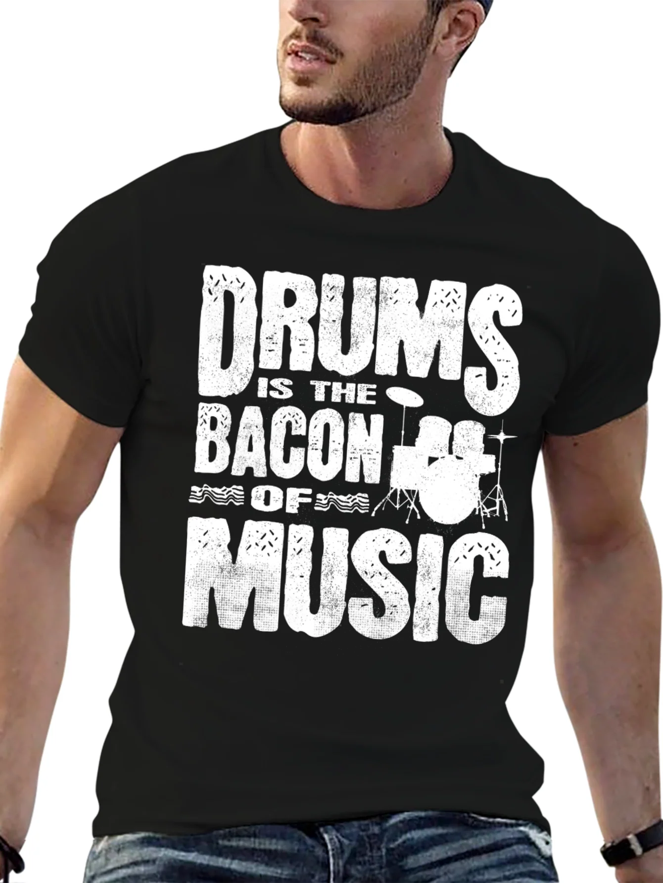 Drums Bacon of Music Black Graphic T-Shirt