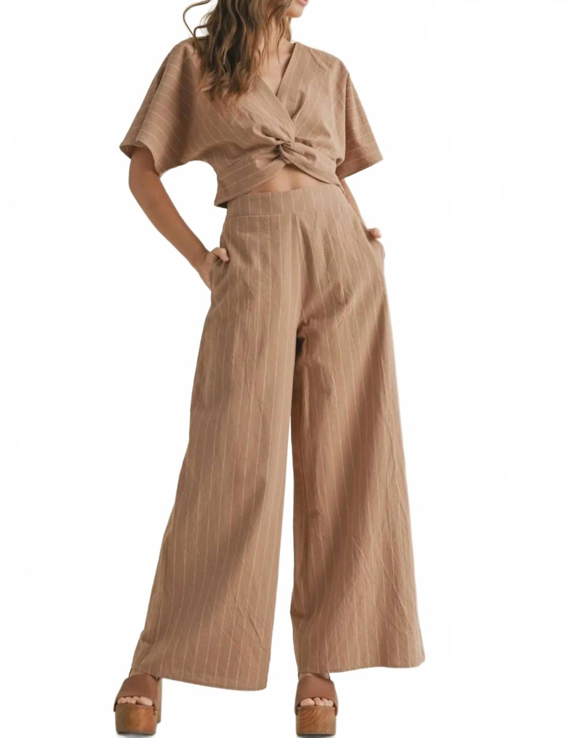 Stripe Pattern Pants With Elastic Waist In Straw/white