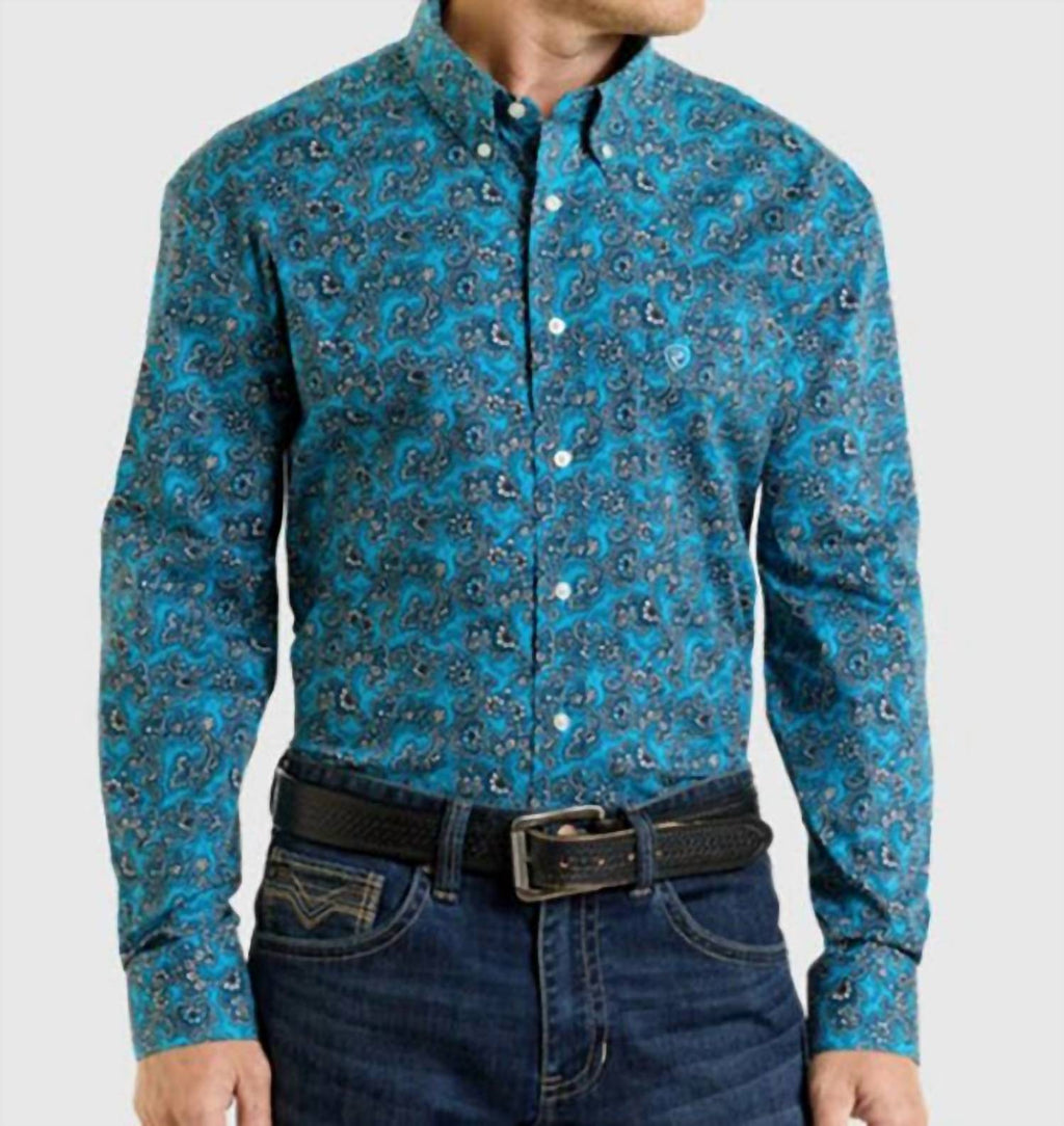 Men's Classic Fit Paisley Button Down Shirt In Turquoise