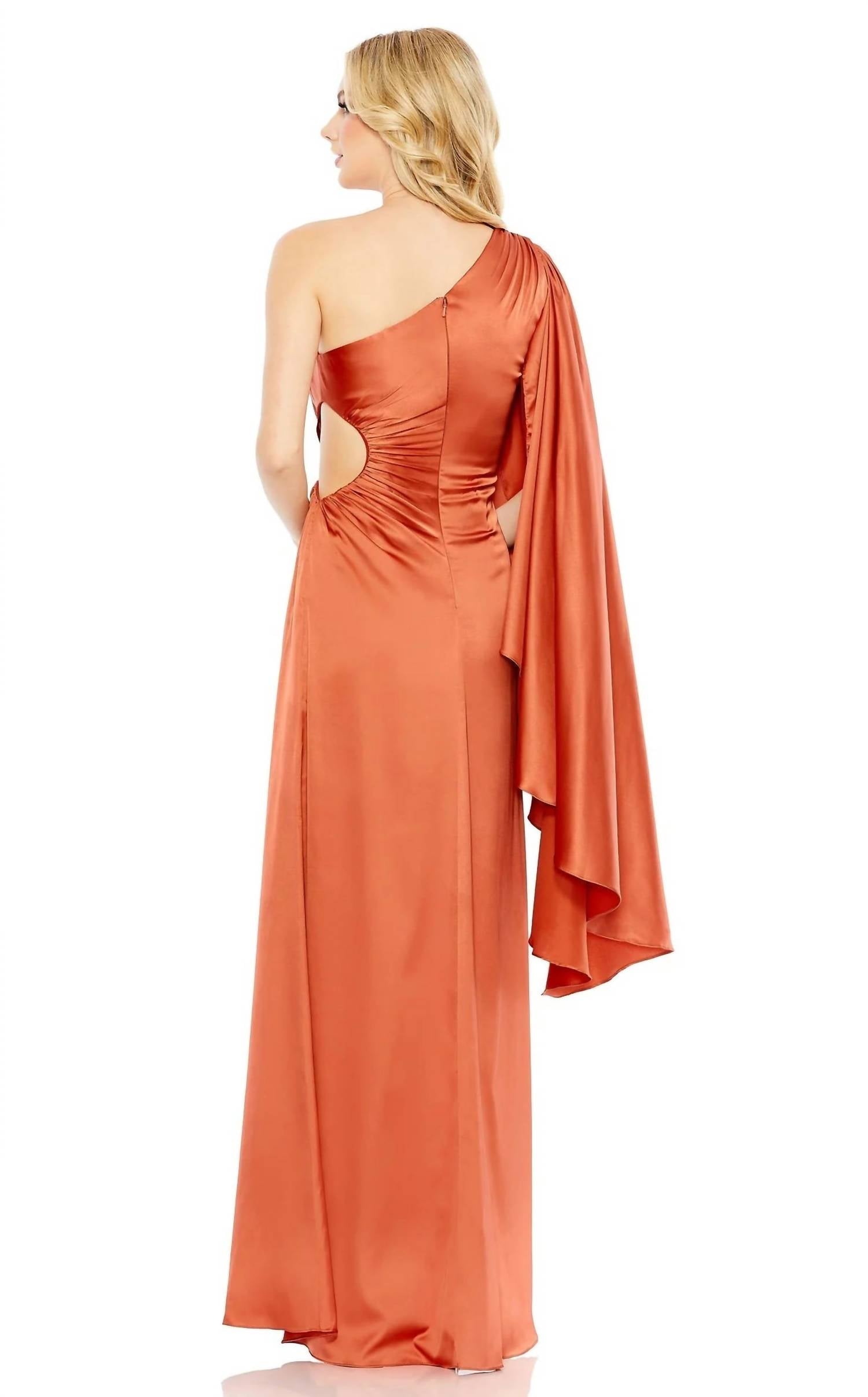 Asymmetrical One Side Cape Sleeve Ruching Satin Dress In Rust