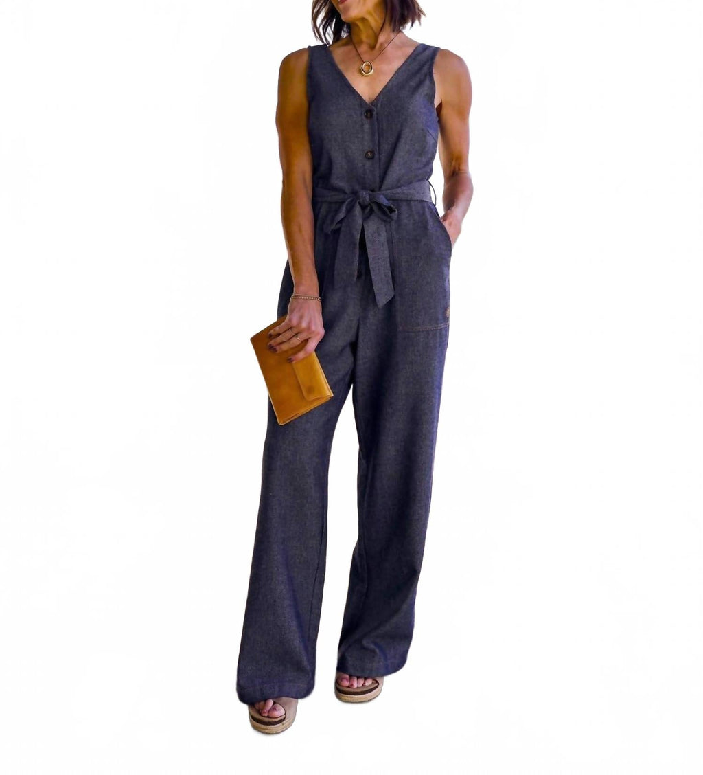 Linen Blend Jumpsuit In Bleu Marine