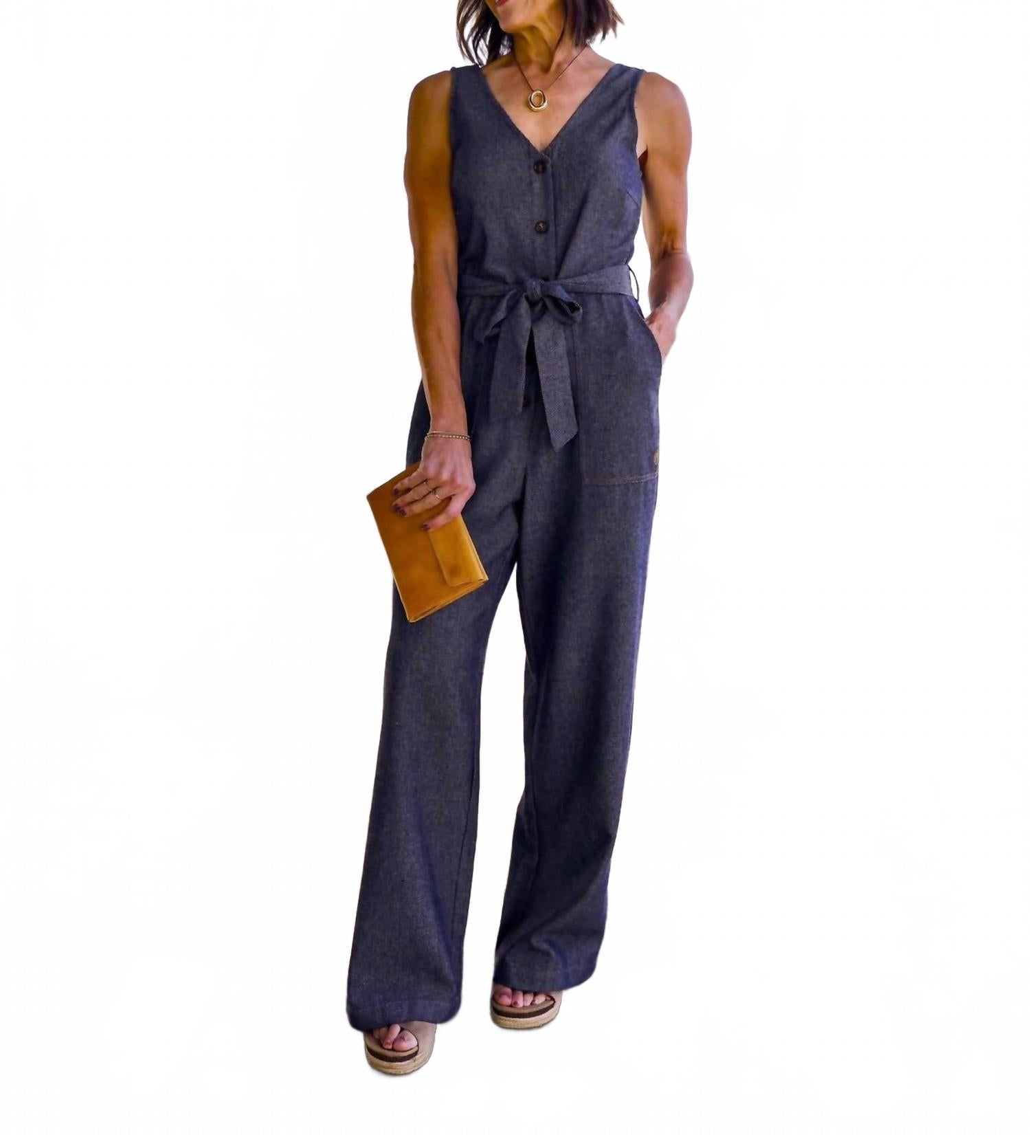 Linen Blend Jumpsuit In Bleu Marine