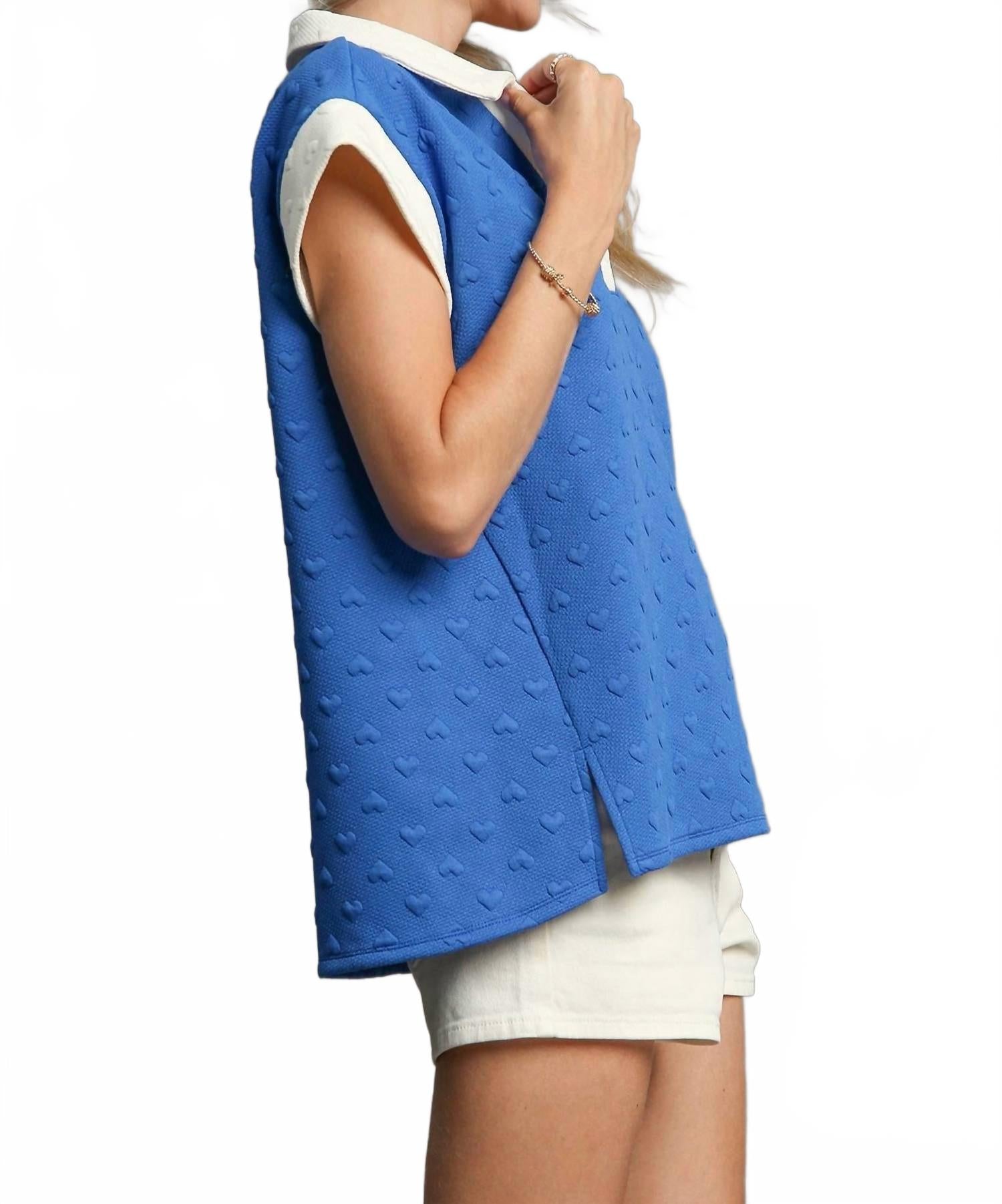 Heart Knit Jacquard Top With Contrast Trim In Blue