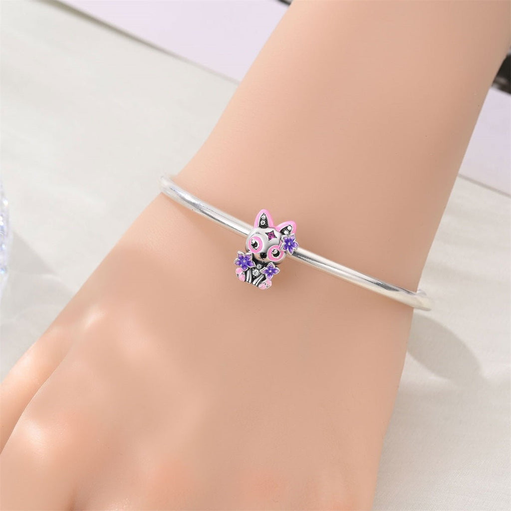 Cat with Pink & Purple Flowers Charm