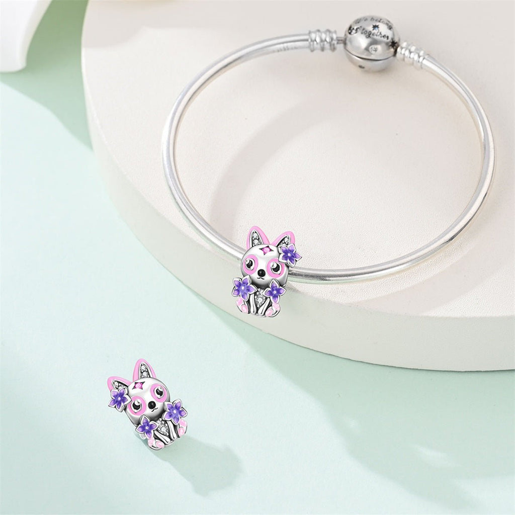 Cat with Pink & Purple Flowers Charm