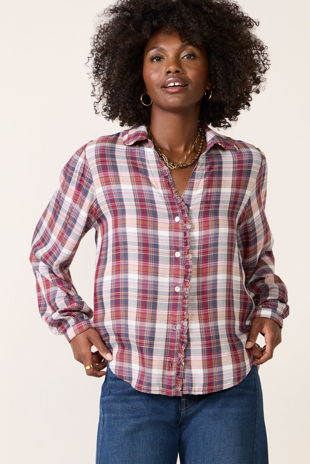 Women's Plaid Ruffle Button Down Shirt