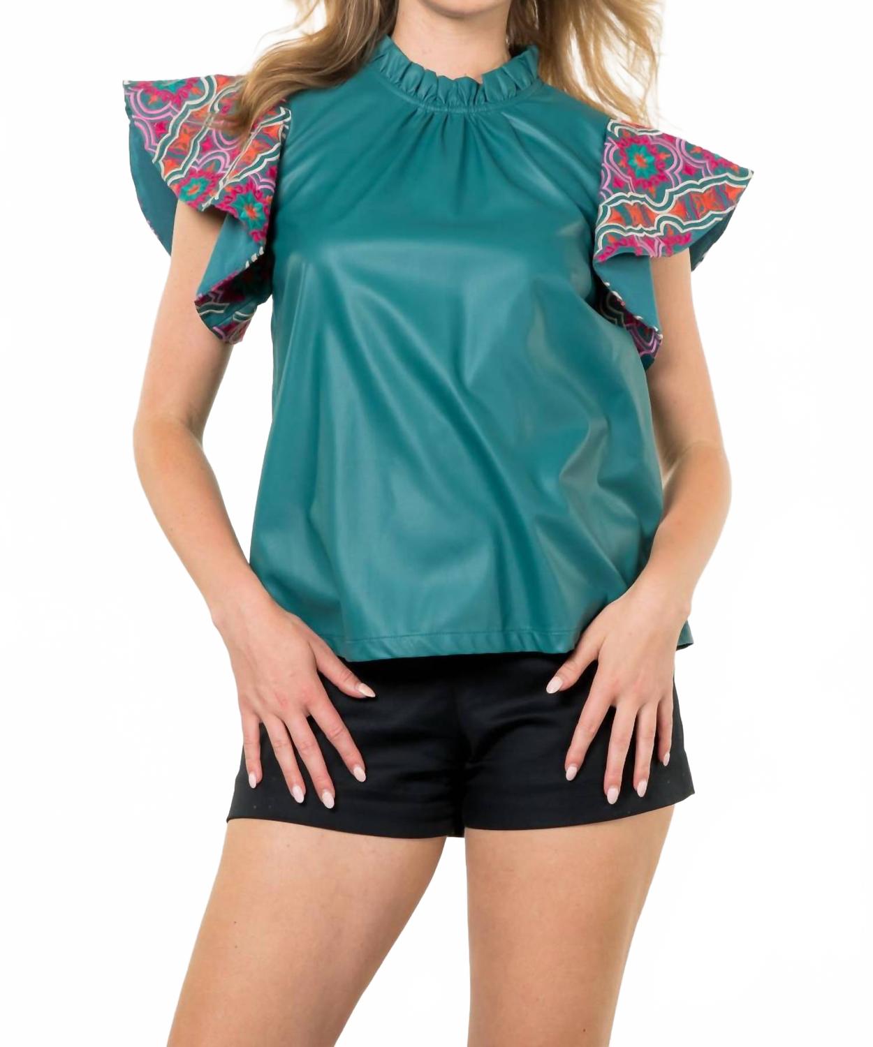 Embroidered Flutter Sleeve Leather Top In Teal