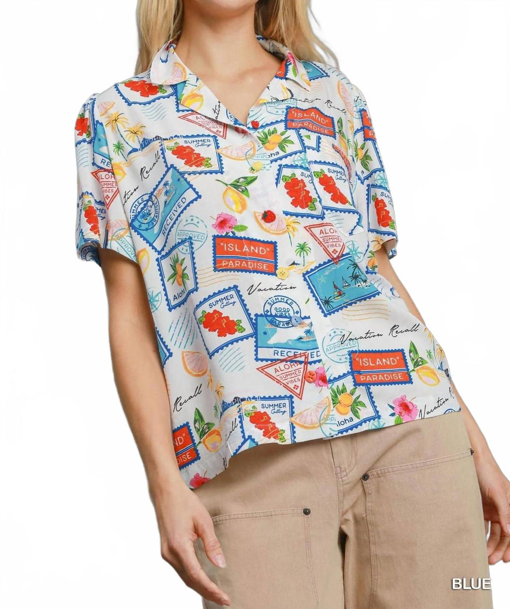 Tropical Resort Print Button-Down Top In Multicolor