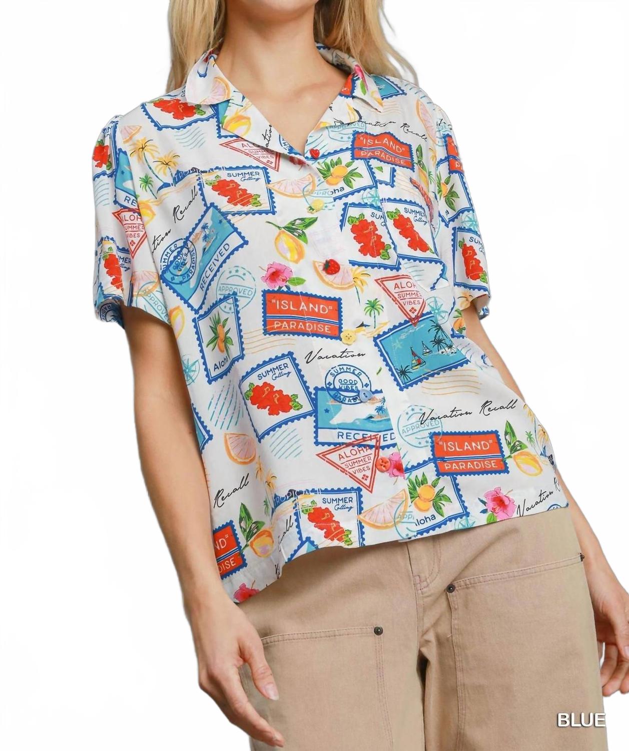 Tropical Resort Print Button-Down Top In Multicolor