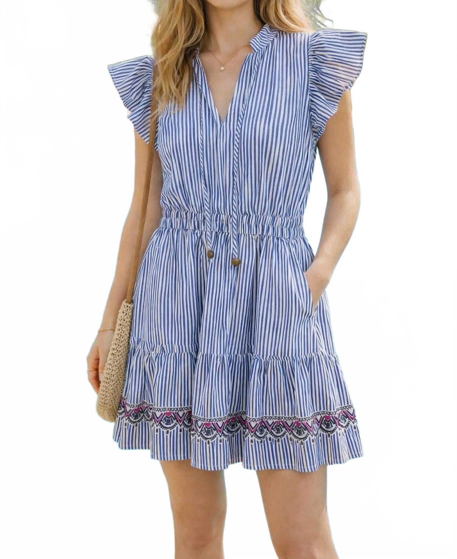 Elastic Waist Tiered Dress In Navy/white