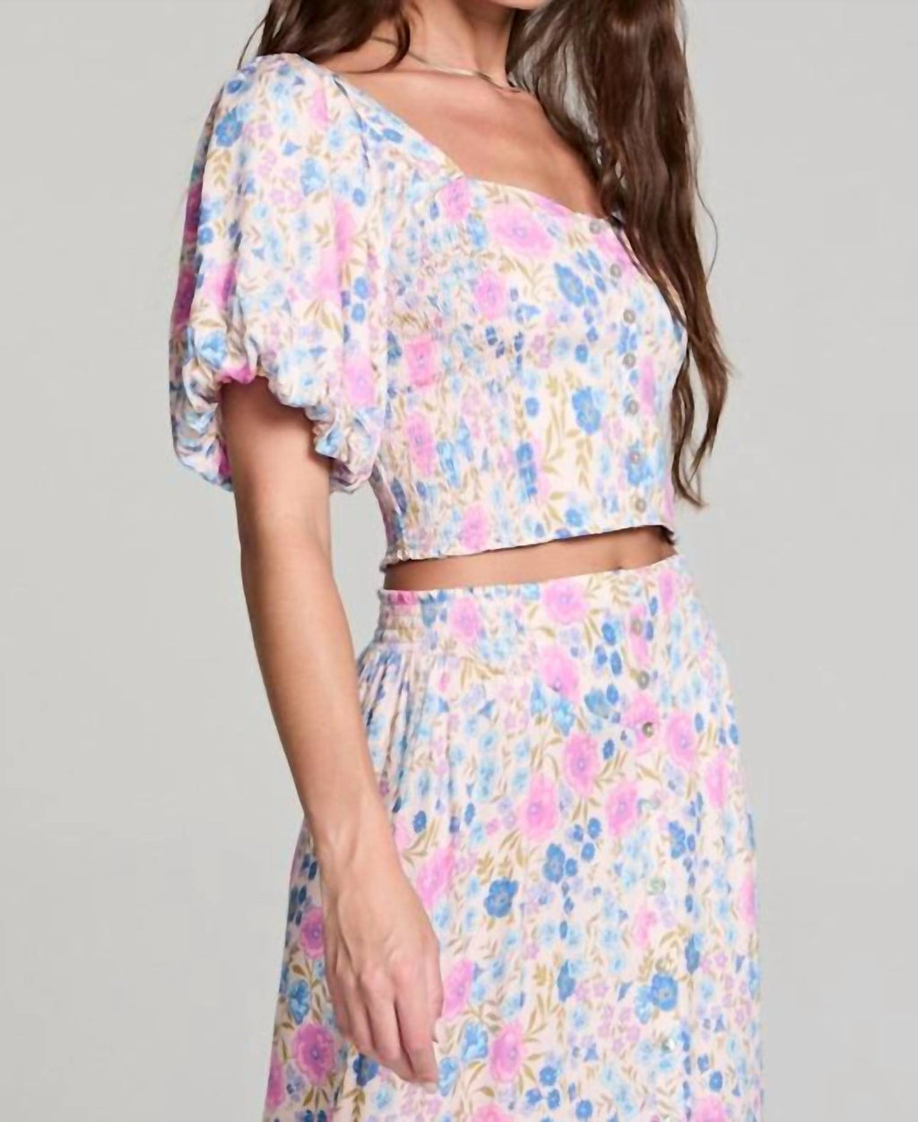 Elysia Puff Sleeve Top In Multi Velvet Iris