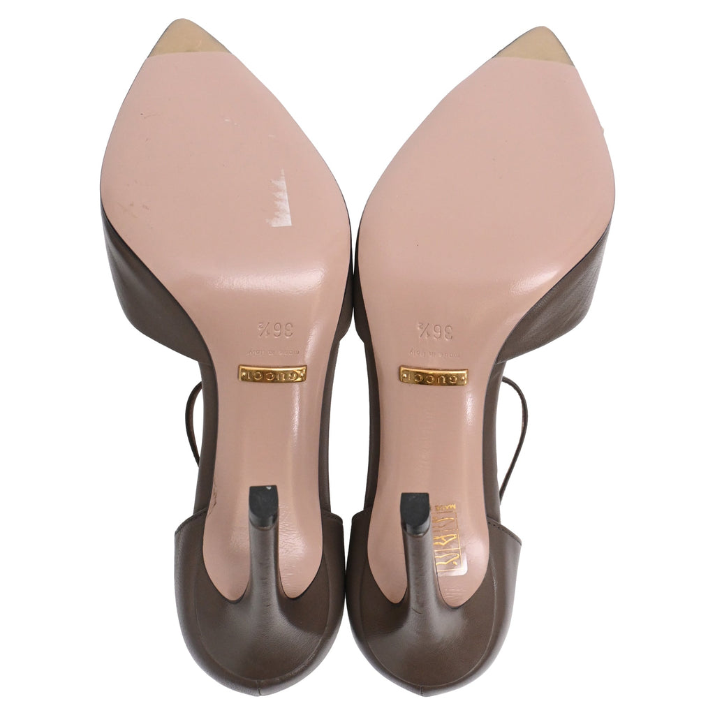 Gucci Studded Coline T-Strap Pumps in Brown Leather