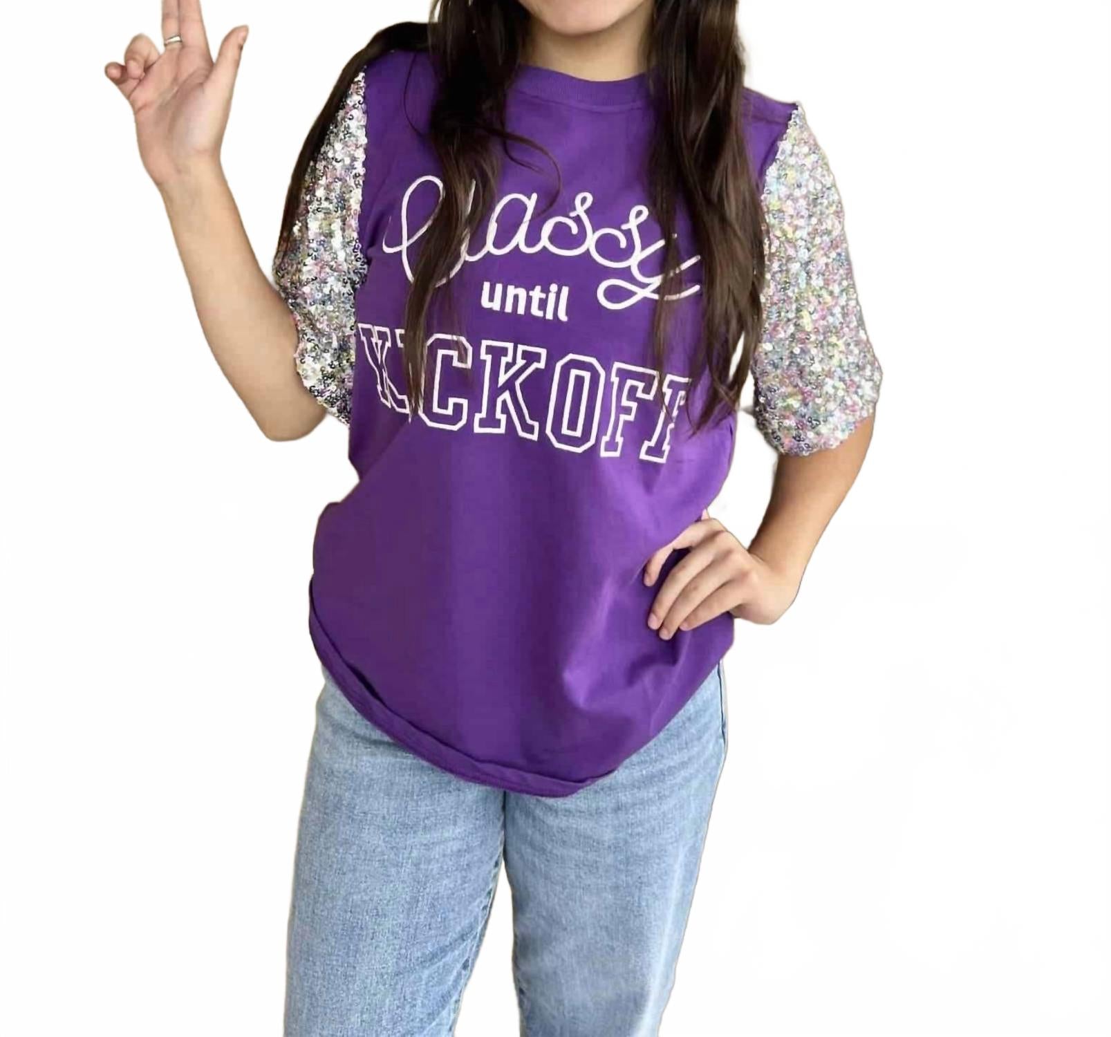 Classy Until Kickoff Top In Purple