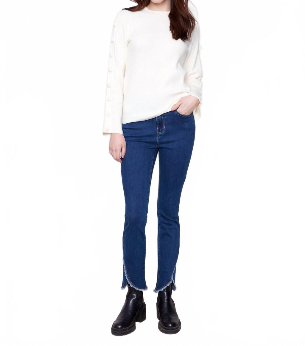 Decorative Sleeve Ribbed Crew Neck Sweater In Ecru