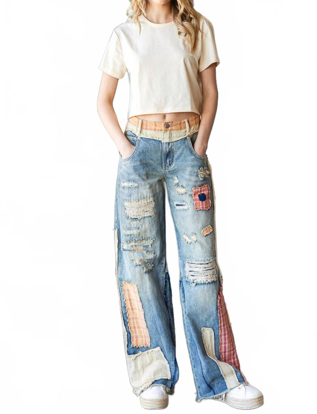 Patch Work Wide Leg Jeans In Multi