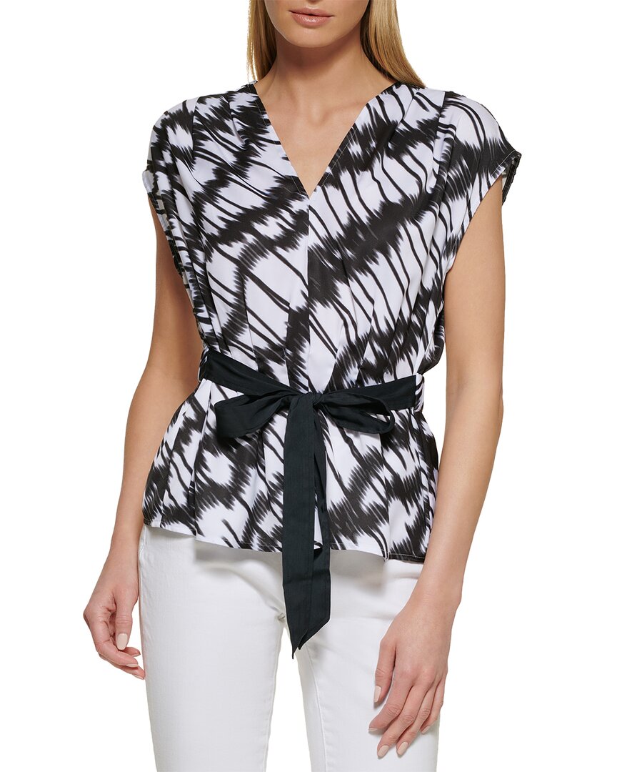 DKNY Printed Cap Sleeve V-neck Top