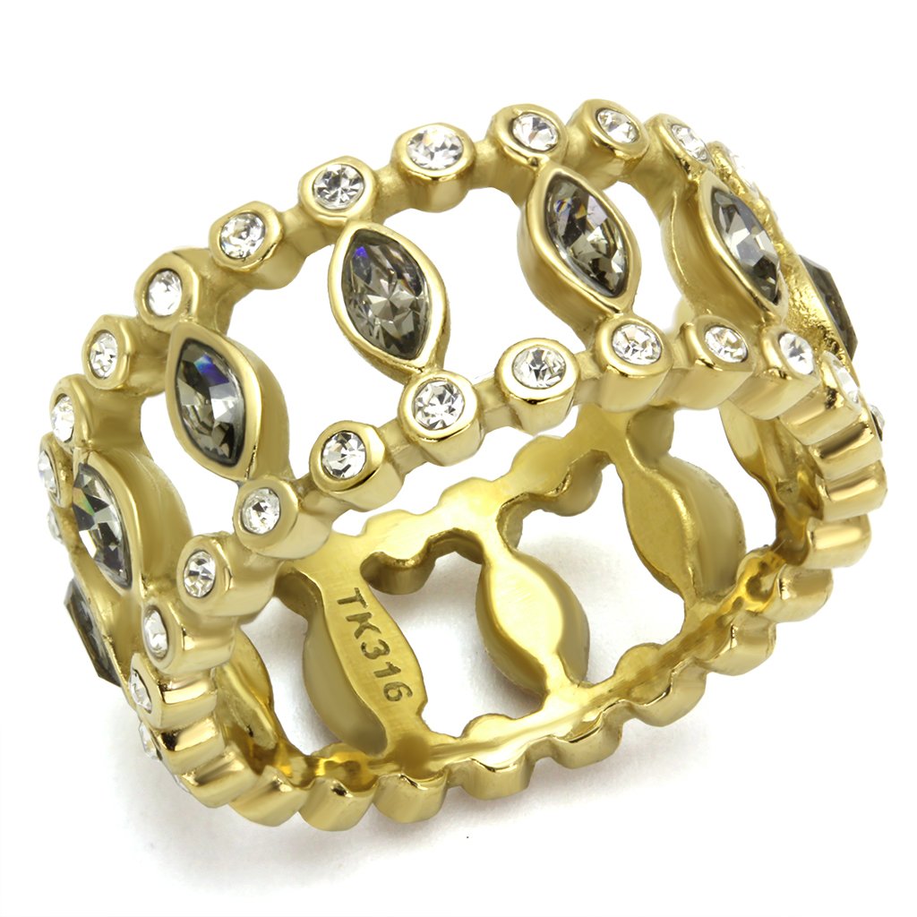 IP Gold(Ion Plating) Stainless Steel Ring with Top Grade Crystal in Black Diamond