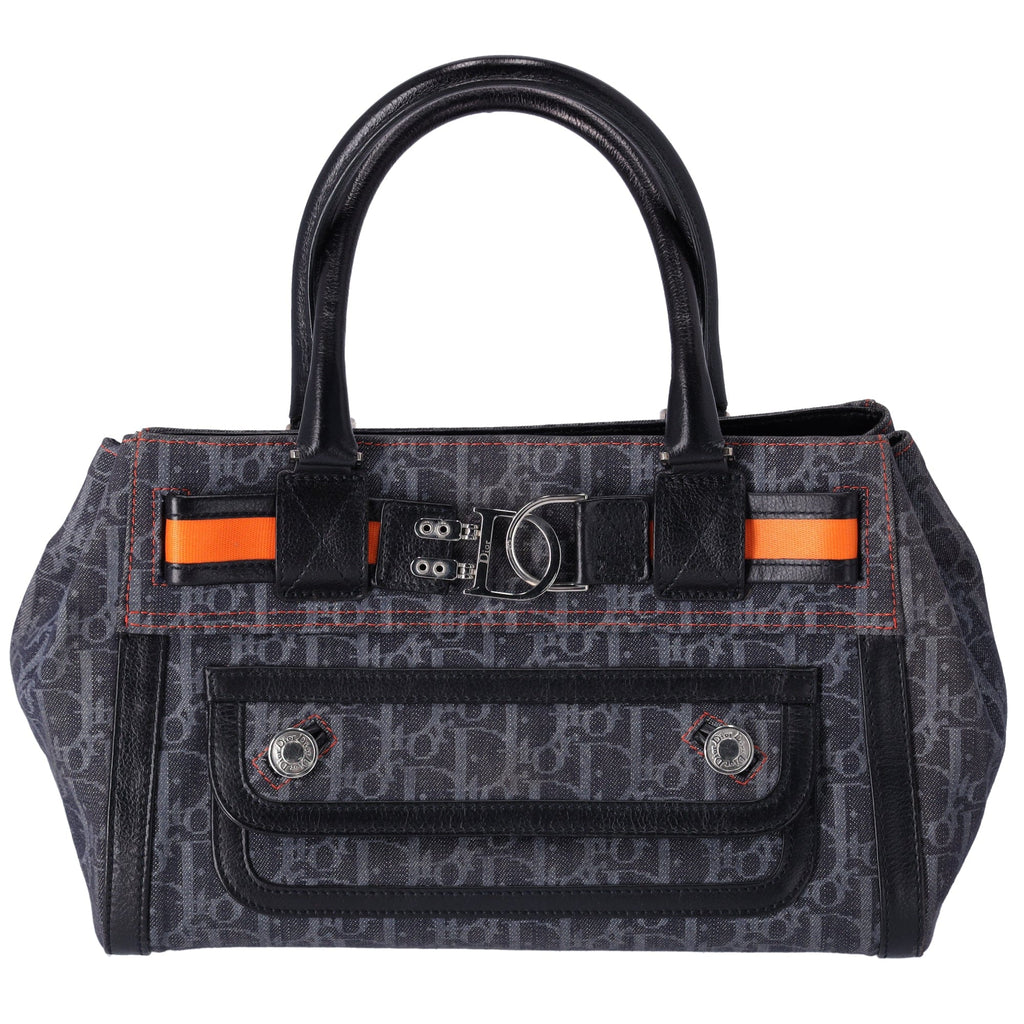 Christian Dior Flight Handbag Dark Gray Orange Multi Denim Leather